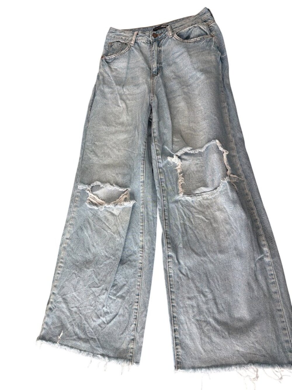 Fashion Nova Distressed Light Wash Wide Leg Jeans Destroyed Raw Hem Holes Sz 5